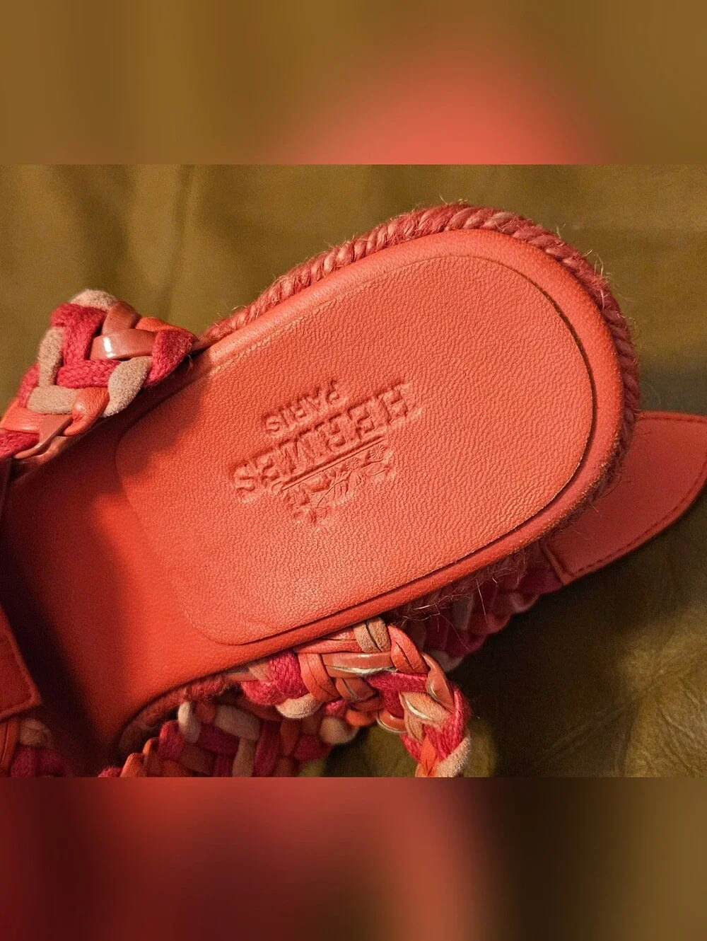 Hermes Coral Braided Espadrille Wedge Sandals Heels Size 5 US
